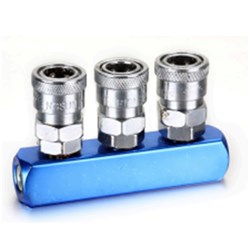 3 Way Aluminium Manifold with nitto style one touch couplings, ¼” bsp inlet at each end