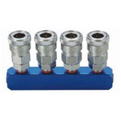 4 Way Aluminium Manifold with nitto style one touch couplings, ¼” bsp inlet at each end