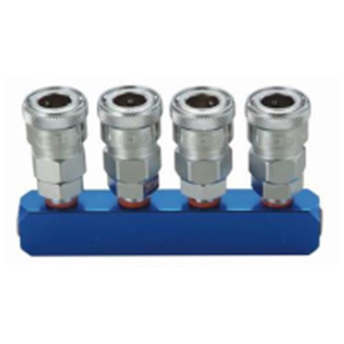 4 Way Aluminium Manifold with nitto style one touch couplings, ¼” bsp inlet at each end